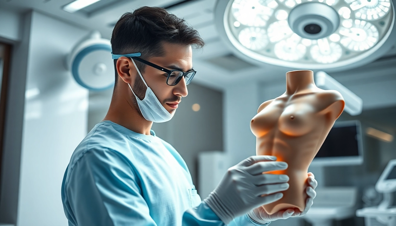 Erfahrene Fachkraft für plastische Chirurgie Hamburg, die ein Modell untersucht.