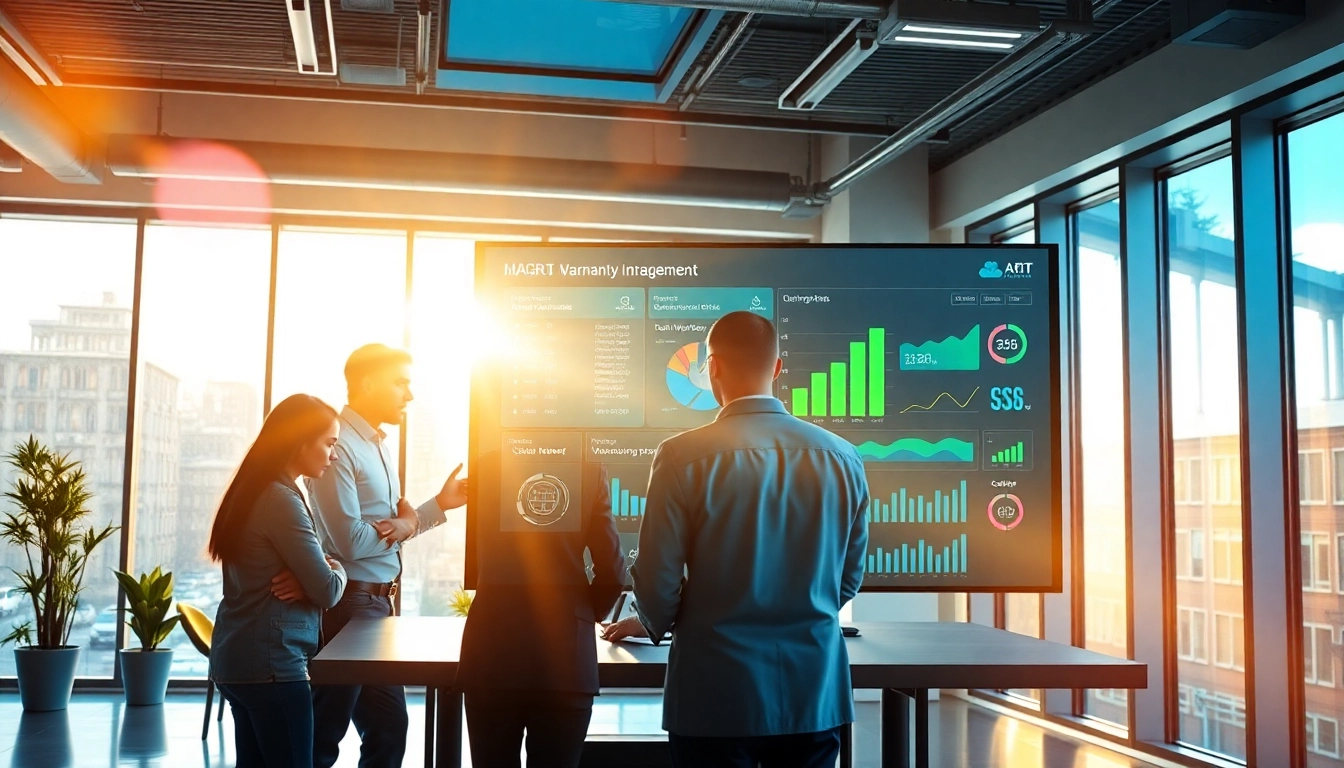 AI powered warranty company team collaborating around digital analytics interface.