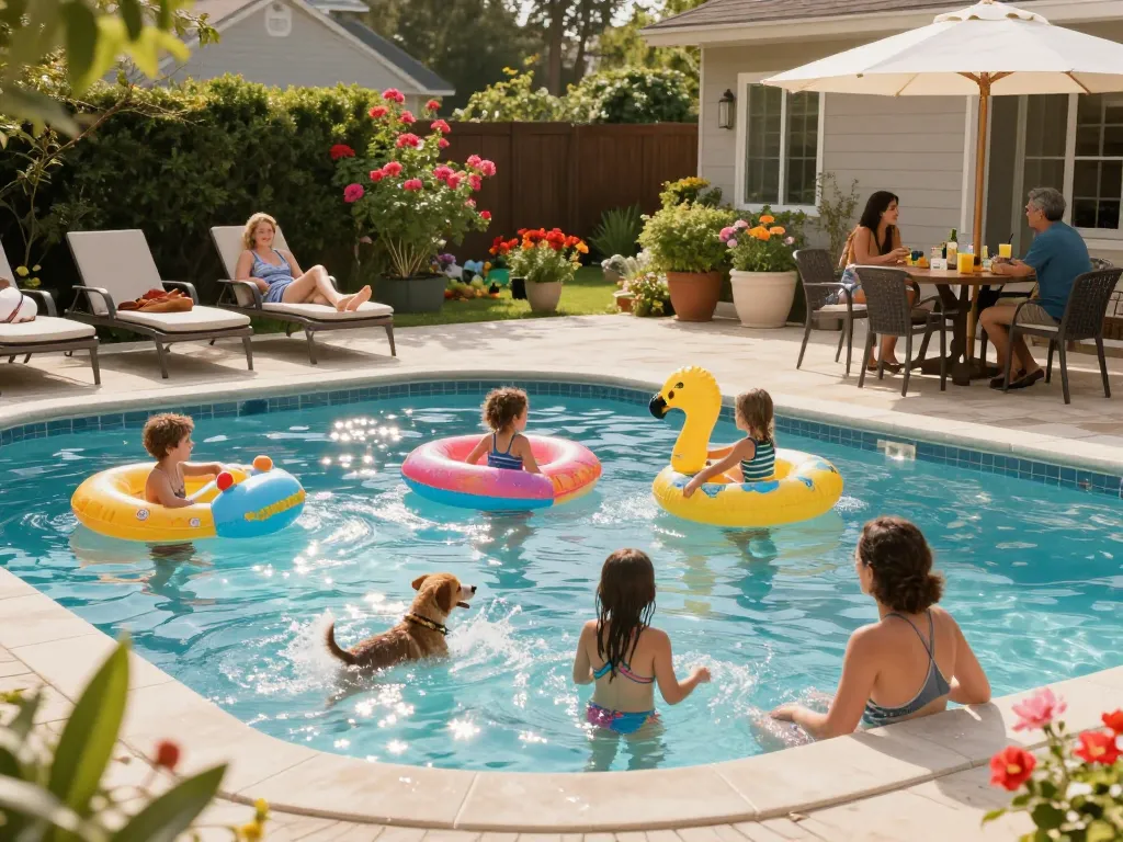 Dolphin Pool Services providing a vibrant family-friendly pool experience in Virginia with joyful children and relaxing adults.