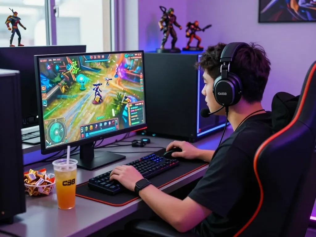 Engaged player enjoying Go88 online gaming experience with vibrant visuals and snacks