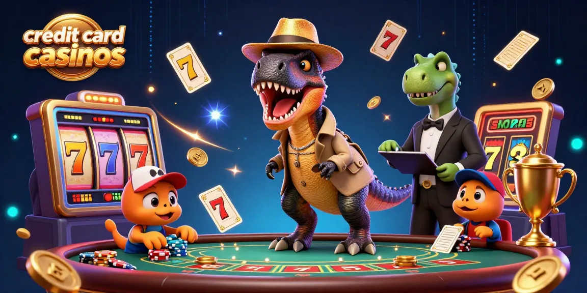 Experience thrill at credit card casinos with a velociraptor at a blackjack table, showcasing vibrant gaming elements.