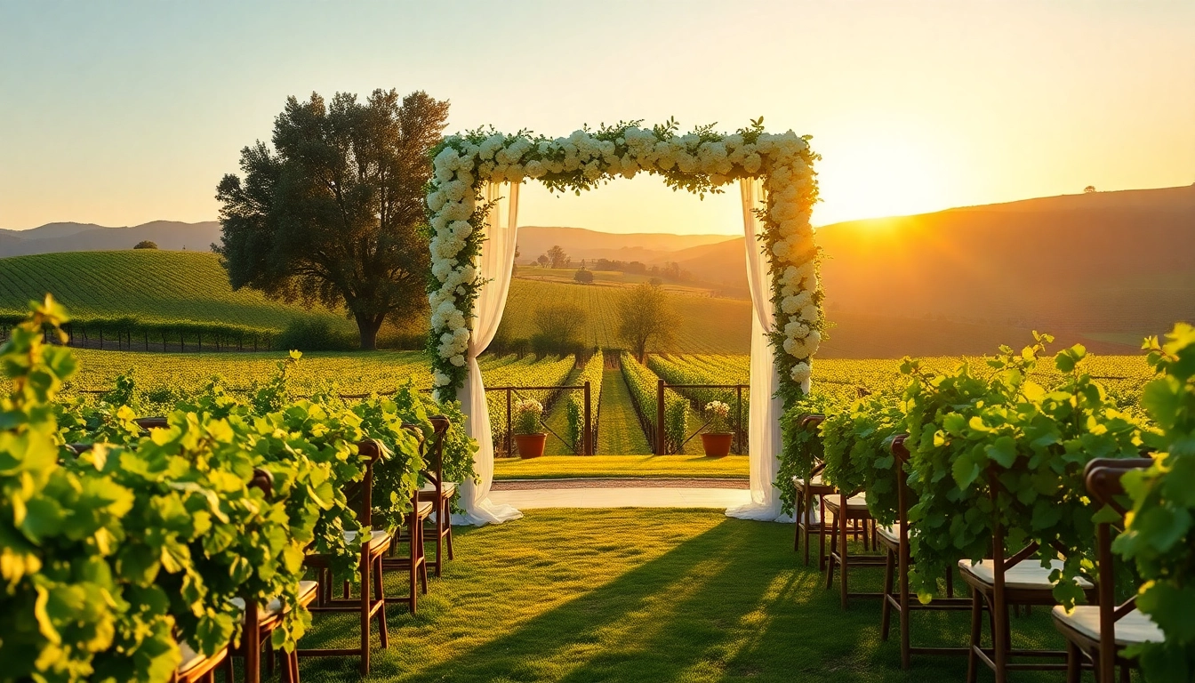 A romantic outdoor ceremony at northern california wedding venues with beautiful floral decor and vineyard backdrop.