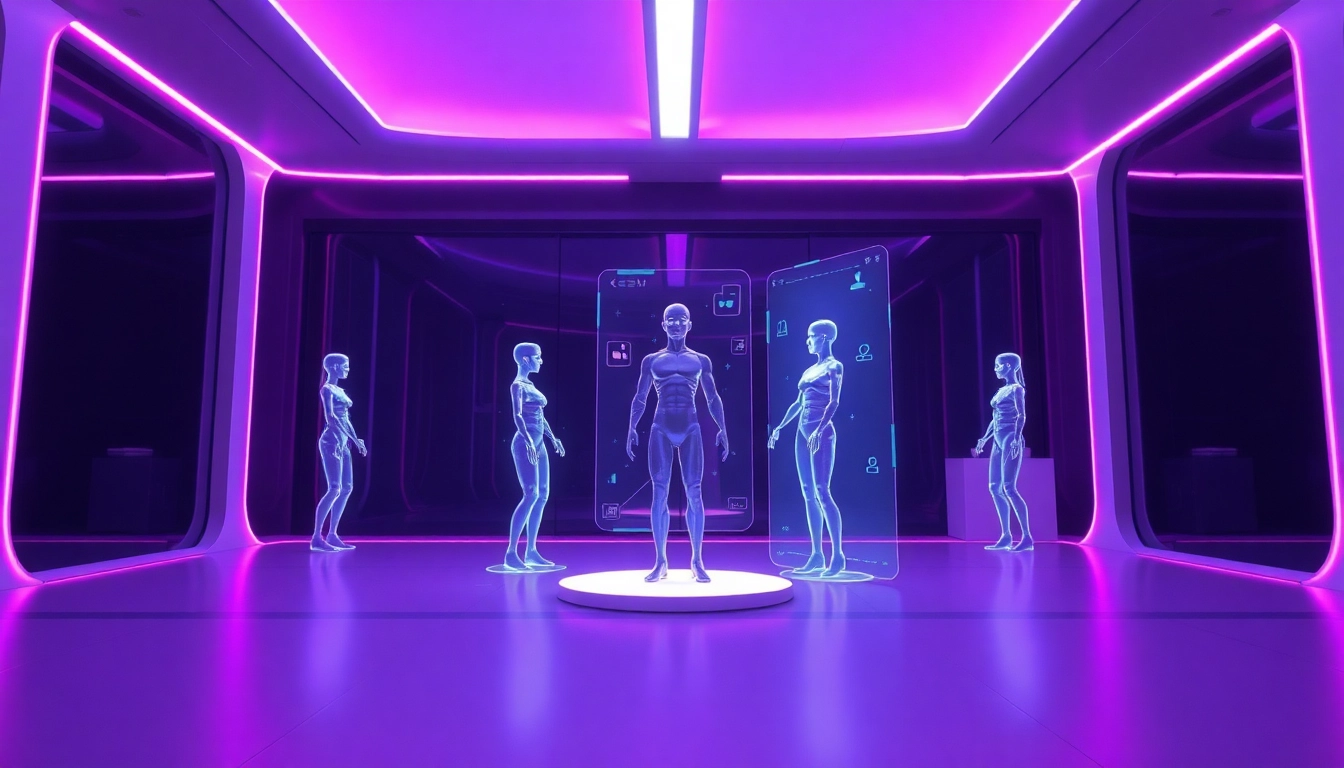 Engaging scene of NSFW character AI technology showcasing digital interactions and playful holographic characters.