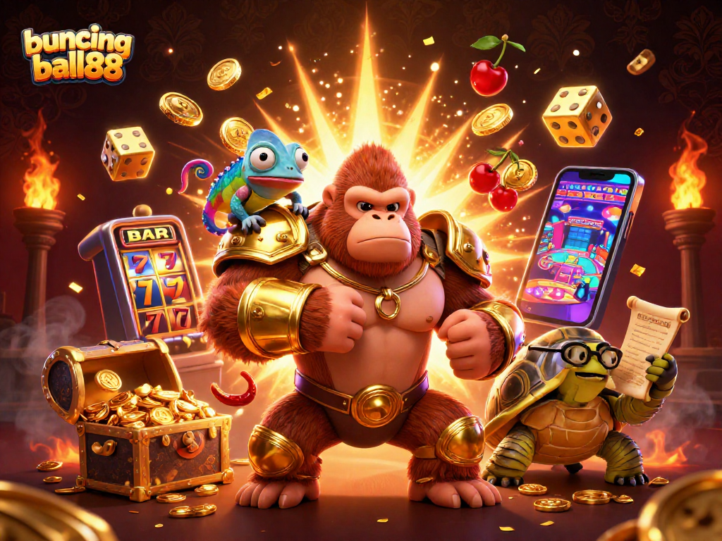 Bouncing ball88 showcases a vibrant 3D casino scene with a powerful gorilla king and treasure elements in the air.