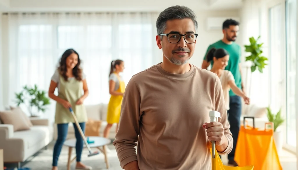 Cleaning Service team efficiently tidying up a modern home, showcasing teamwork and professionalism.