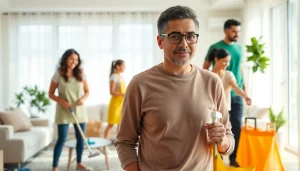 Cleaning Service team efficiently tidying up a modern home, showcasing teamwork and professionalism.