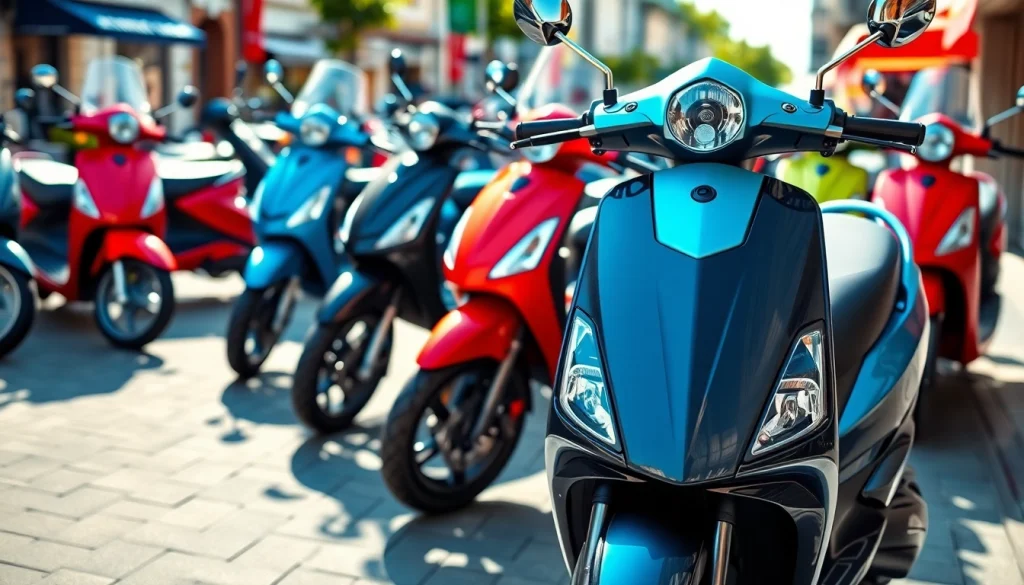 Motorroller kaufen in einer modernen Stadtumgebung mit verschiedenen Modellen im Hintergrund.