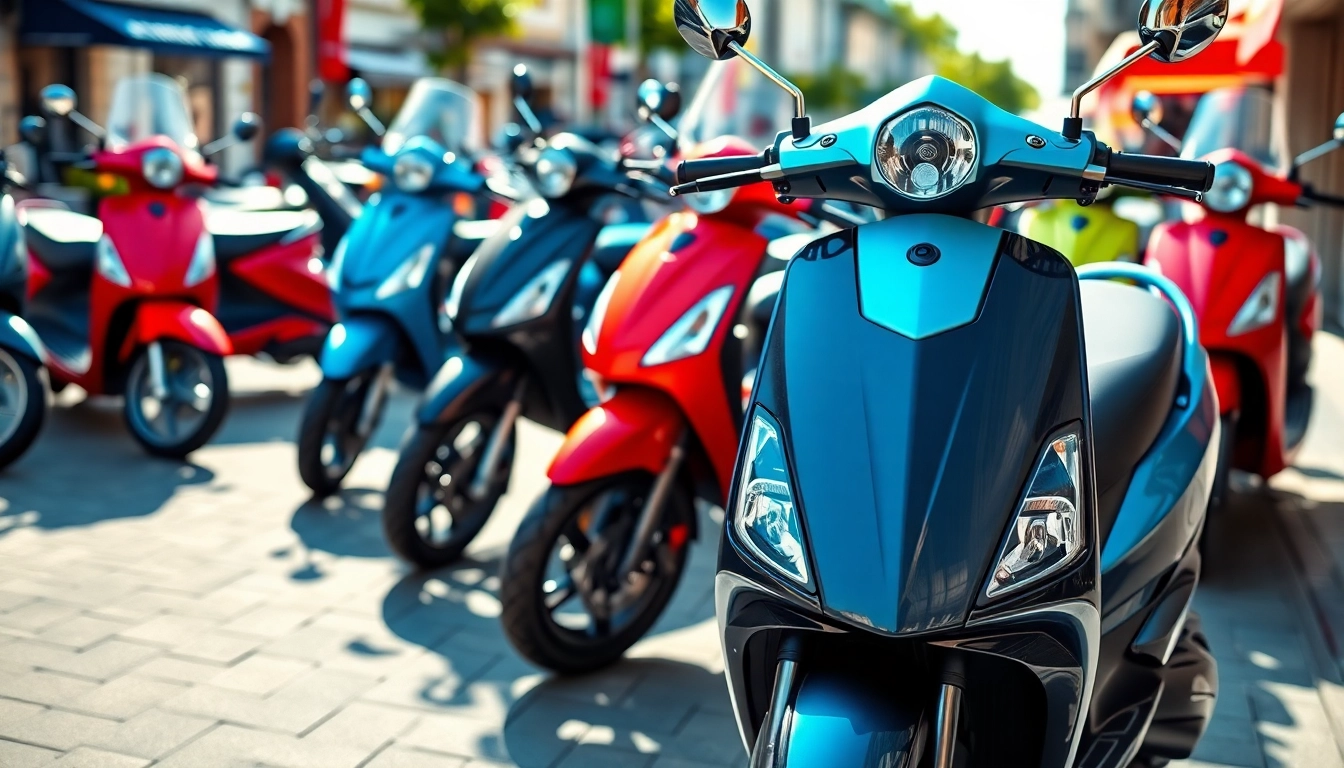 Motorroller kaufen in einer modernen Stadtumgebung mit verschiedenen Modellen im Hintergrund.