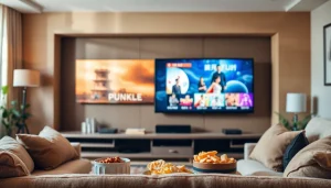 오징어티비 화면이 있는 현대적 거실에서 즐기기