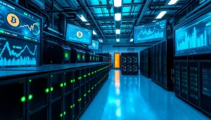 Dynamic bitcoin mining operation featuring advanced ASIC miners and digital displays.