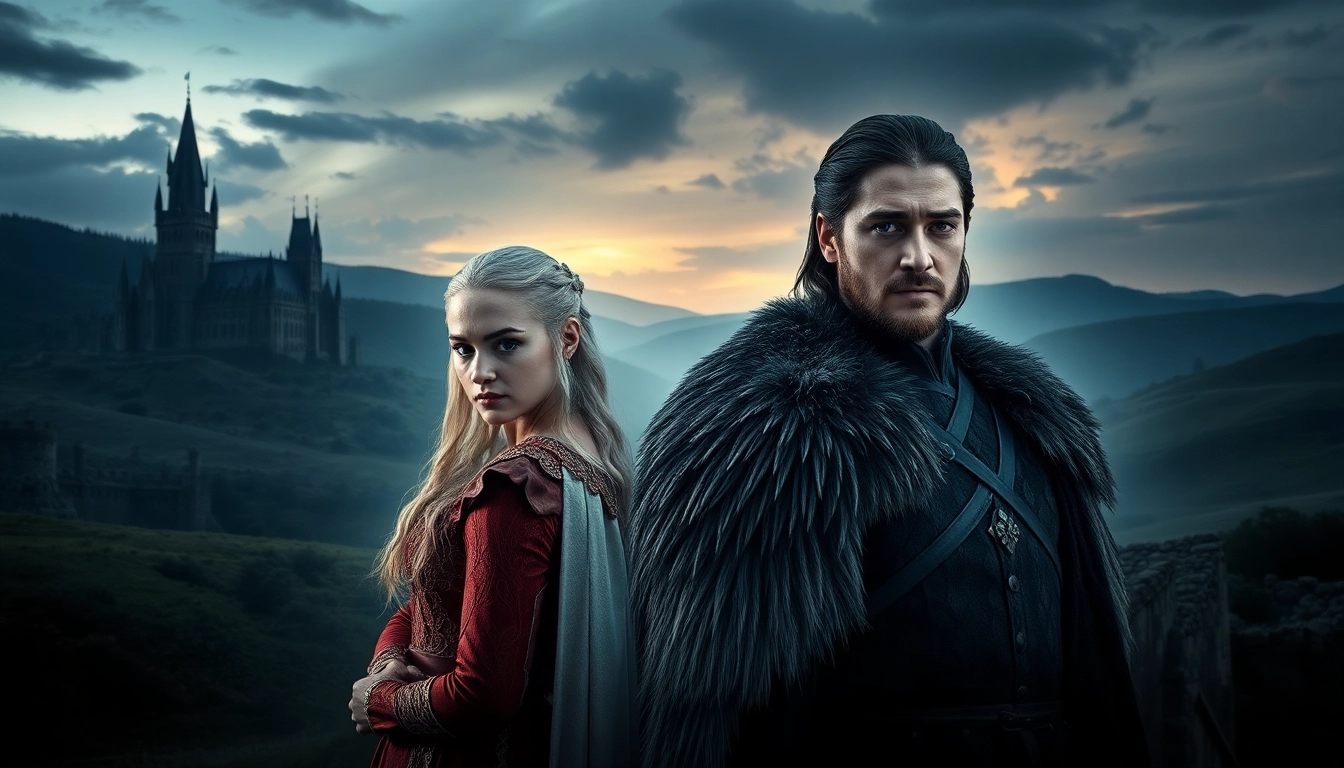 Captivating scene featuring the game of thrones cast in dramatic medieval landscape.