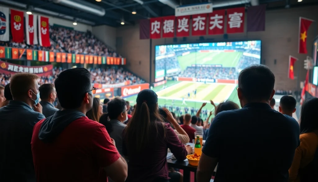 스포츠중계를 즐기는 팬들이 열광하는 장면을 포착한 이미지