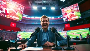 스포츠중계에 집중하는 생생한 스포츠 해설자 모습