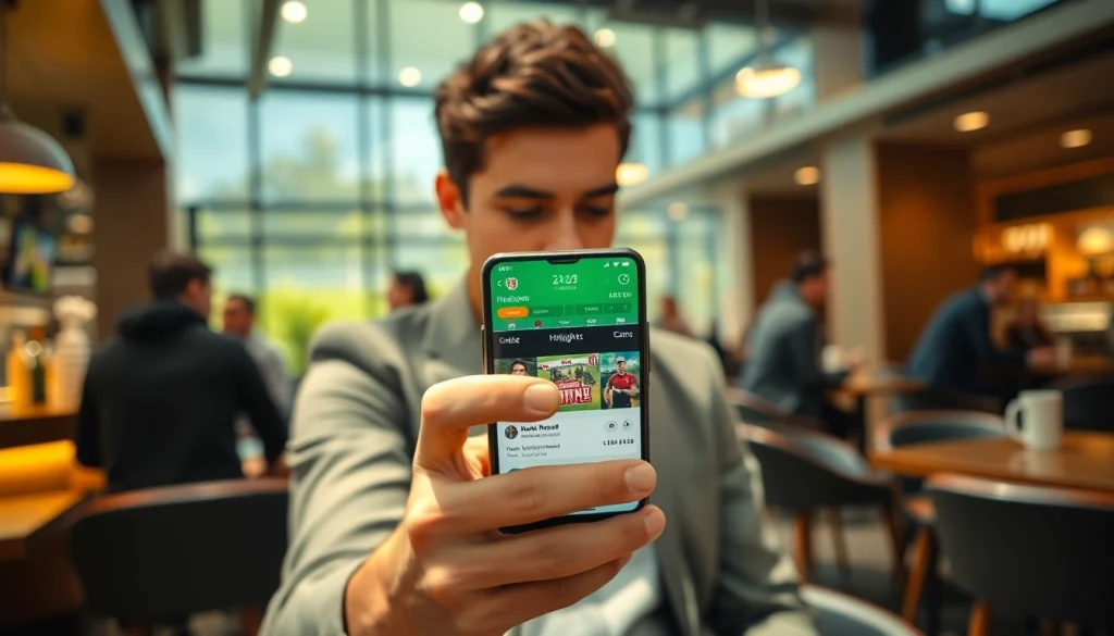 Engage with the best sports betting apps India through a user-friendly mobile interface in a vibrant café.