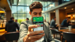 Engage with the best sports betting apps India through a user-friendly mobile interface in a vibrant café.