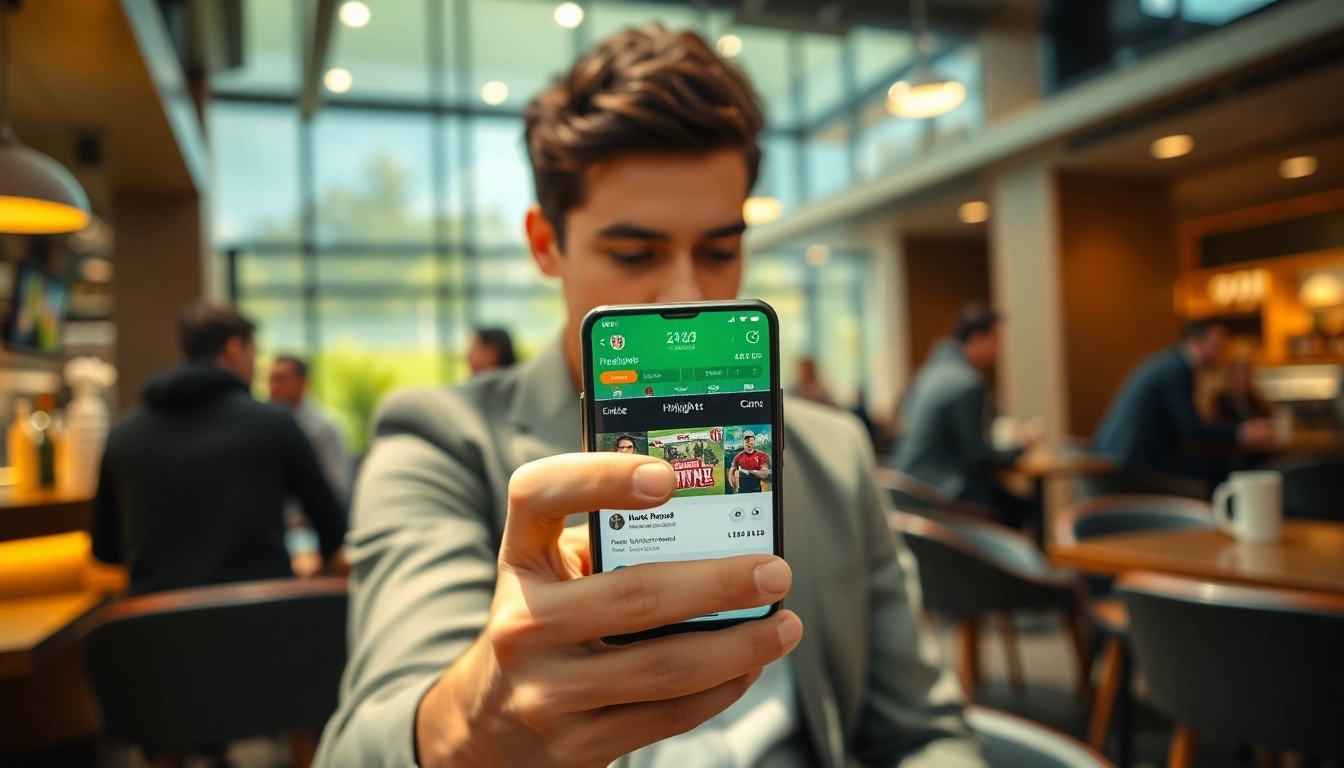 Engage with the best sports betting apps India through a user-friendly mobile interface in a vibrant café.