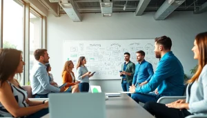 Engaged team strategizing for Good Wolf Marketing in a collaborative office environment.