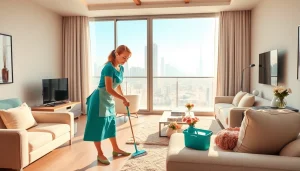 Efficient Maid Dubai ensuring a spotless living space in a modern apartment.