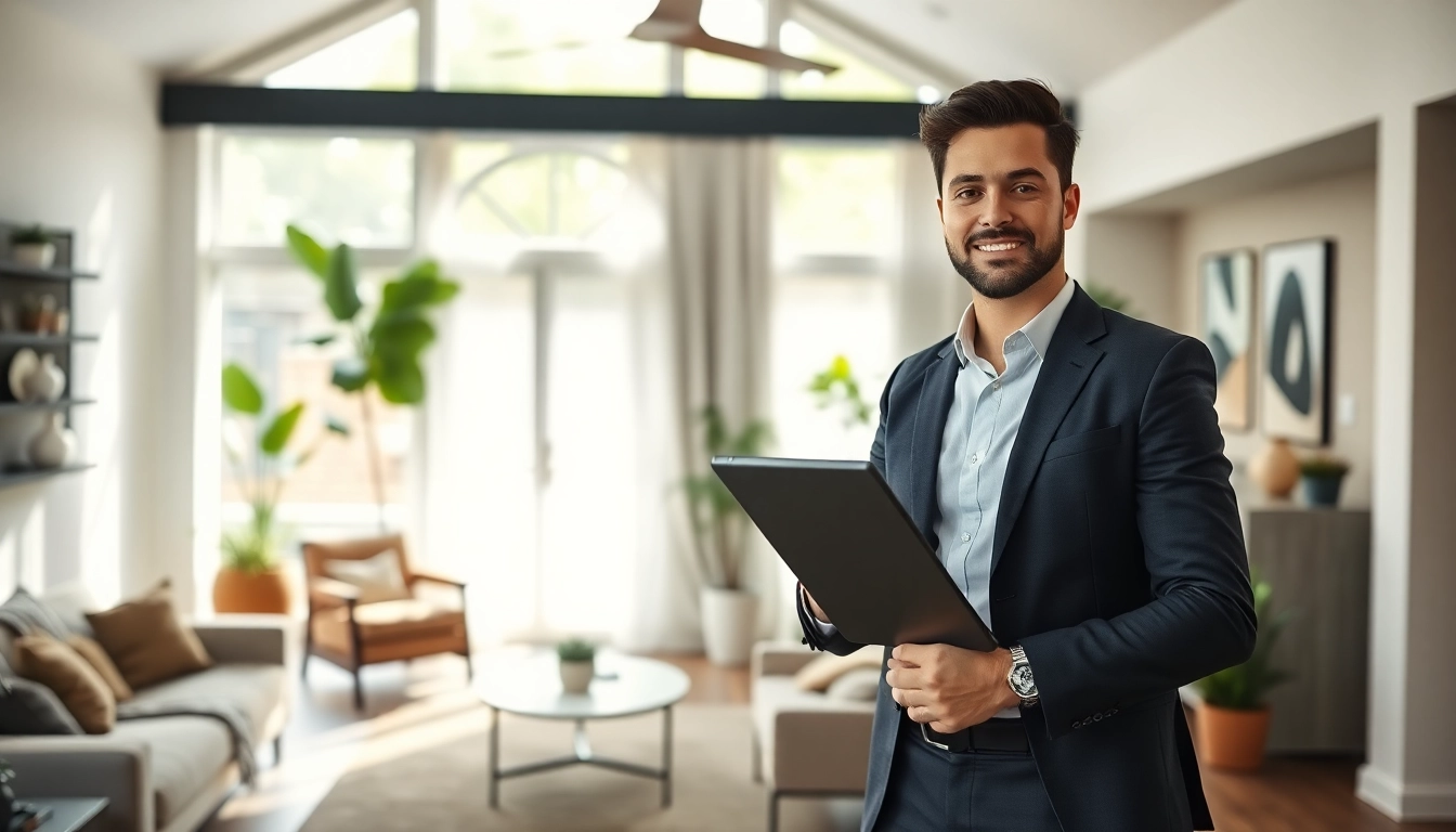 Real Estate agent showcasing homes in a modern living room filled with natural light.