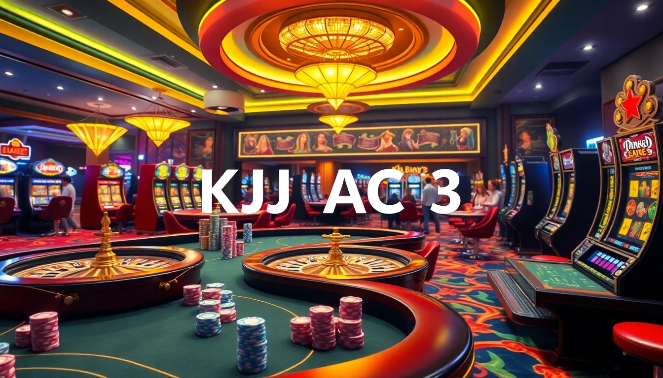 Vibrant casino scene showcasing KJC AC 3 gaming atmosphere with tables and slot machines.