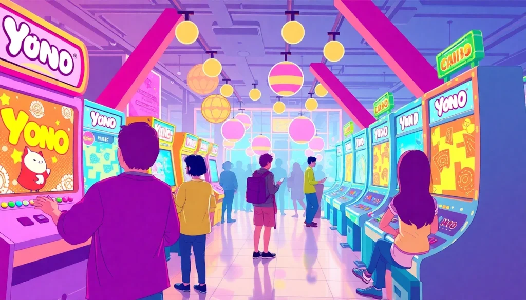 Players enjoying Yono games in a colorful arcade setting with immersive digital screens.