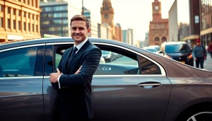 Experience Chauffeur Services Nottingham with our professional driver beside a luxury vehicle in the city.
