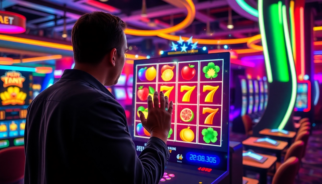 Menampilkan slot online dengan antarmuka modern dan permainan menarik di latar belakang yang berwarna-warni.