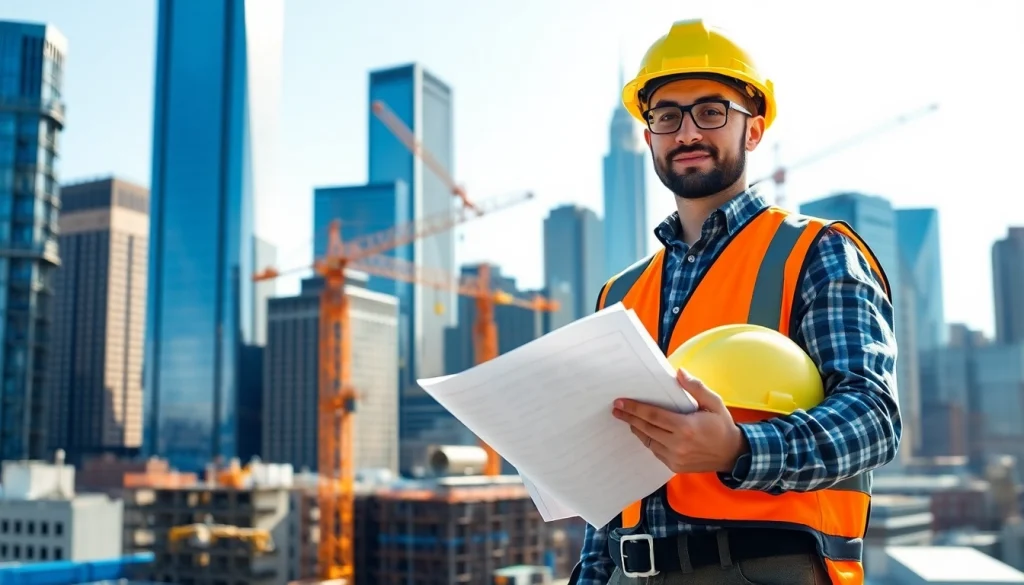 Dynamic scene of a New York Construction Manager in action overseeing a construction site.
