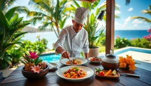 St Martin Private Chef elegantly plating a gourmet dish in a sunlit tropical villa.