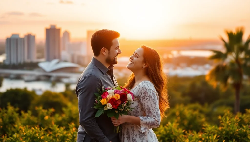 Tampa engagement photography showcasing a loving couple during golden hour against a sunset backdrop.
