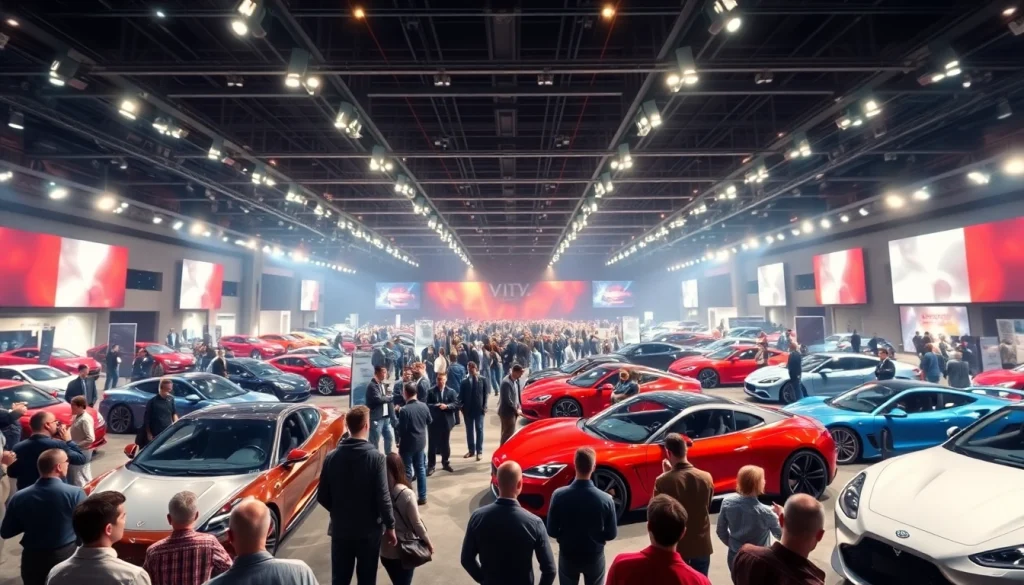 Visitors enjoying an Auto Cars Show with diverse vehicles on display in an engaging atmosphere.