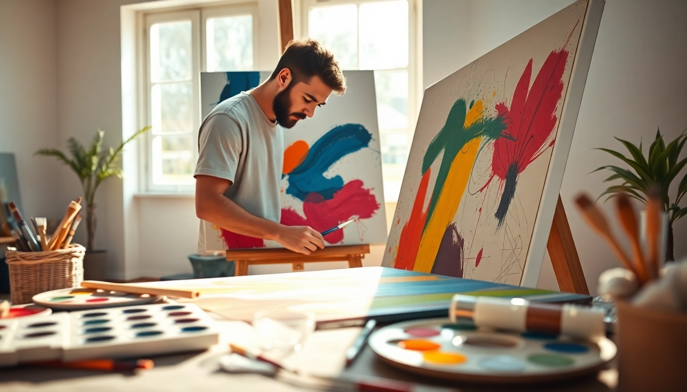 Canvas schilderij met een kunstenaar in een heldere studio vol kleur en inspiratie.