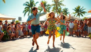 Dancers showcasing the Carolina Dance with vibrant outfits in an energetic outdoor setting.