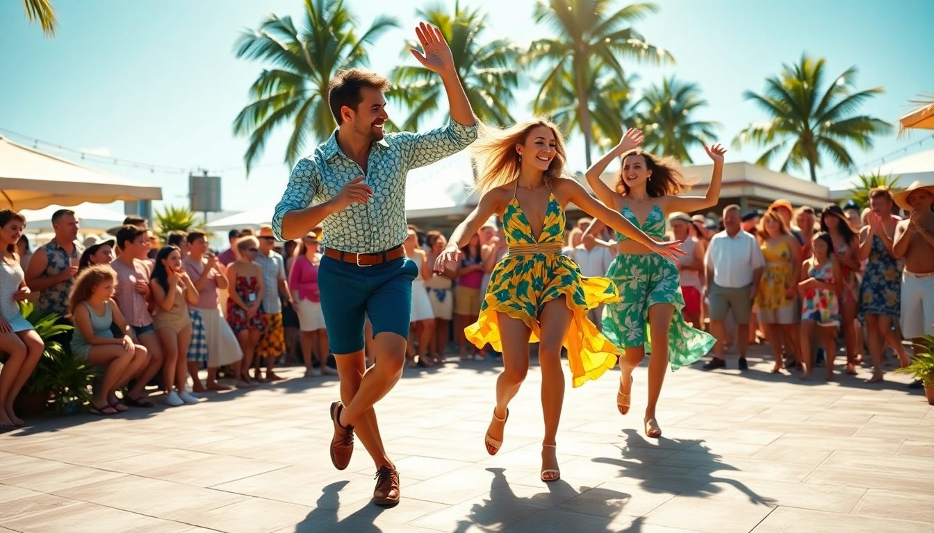 Dancers showcasing the Carolina Dance with vibrant outfits in an energetic outdoor setting.
