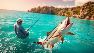 An angler experiencing Roosterfish fishing Mexico with jumping fish in bright coastal waters.