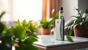 Vape ohne Nikotin auf einem stilvollen Tisch im Grünen, der Entspannung und Eleganz vermittelt.