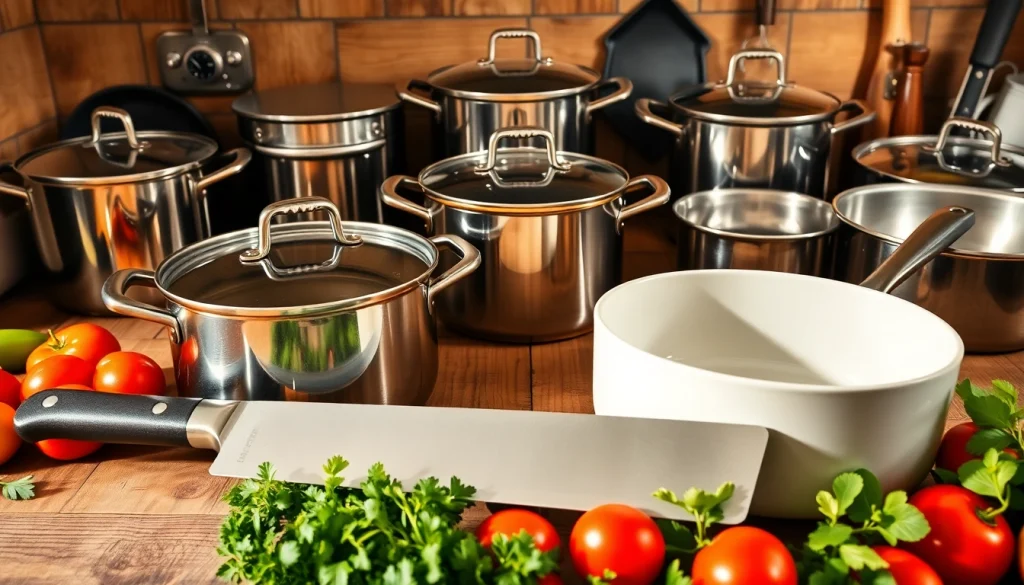 Showcase of high-quality cookware with various pots and pans on a kitchen countertop.
