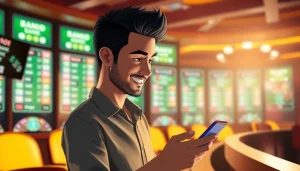 Mostrando um jogador feliz apostando na casa de apostas bet da sorte, com um cassino virtual ao fundo.