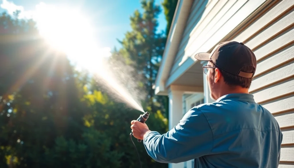 Soft wash technician cleaning a home's exterior with eco-friendly techniques in Kissimmee, FL.