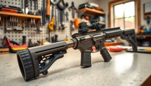 Showcasing the best ar trigger assembly on a workbench, emphasizing craftsmanship and precision.