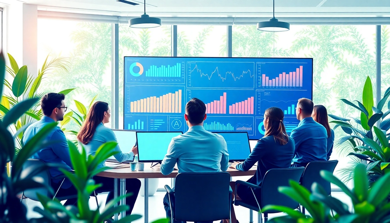 Illustration of professionals engaging in competitive intelligence analysis with digital data displays.