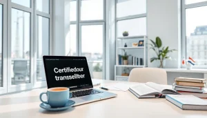 Espace de travail professionnel d'un traducteur assermenté à Marseille, traduisant des documents, avec un environnement de bureau moderne.