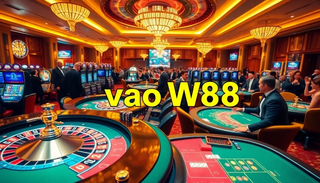 Experience the excitement of gambling at W88, with the link vao W88 showcased amidst luxurious casino visuals.