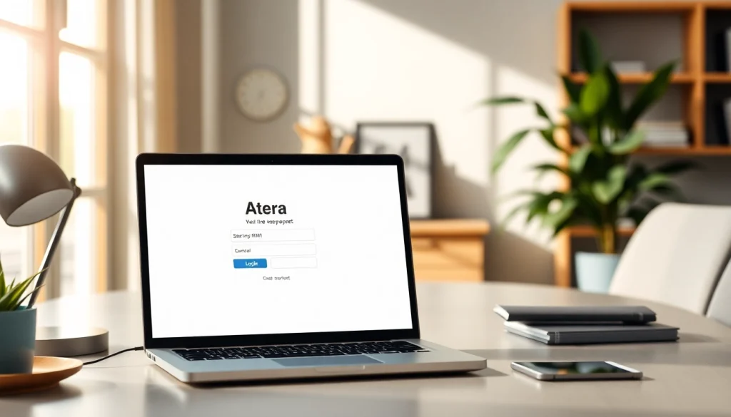 Atera login on a laptop with a cozy office background, illustrating secure user access.