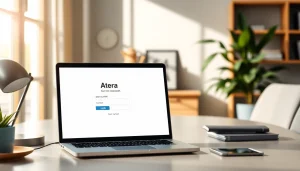 Atera login on a laptop with a cozy office background, illustrating secure user access.