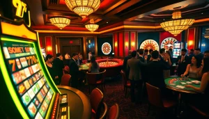 Experience the thrill of Slot777 with players enjoying vibrant slot machines in a luxurious casino.