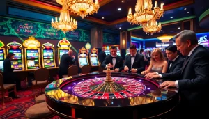 A captivating casino scene showcasing a roulette table and vibrant slot machines, reflecting elements related to https://kingarthurcafe.com/menu.