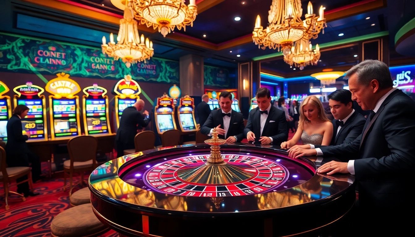A captivating casino scene showcasing a roulette table and vibrant slot machines, reflecting elements related to https://kingarthurcafe.com/menu.