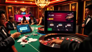 Engage with the Fun88 link while enjoying a luxurious casino experience filled with poker chips and roulette tables.
