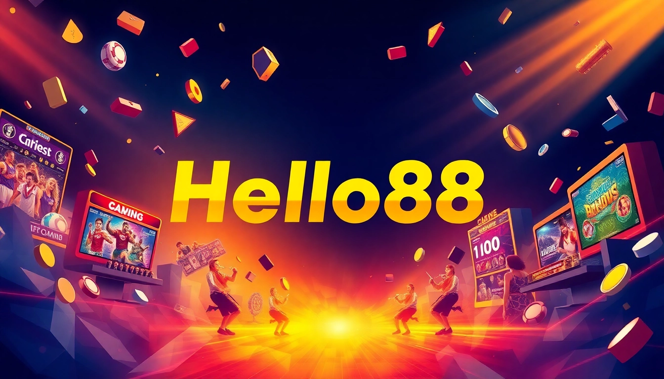 Hello88 online gaming promotional poster with vibrant colors and engaging graphics.
